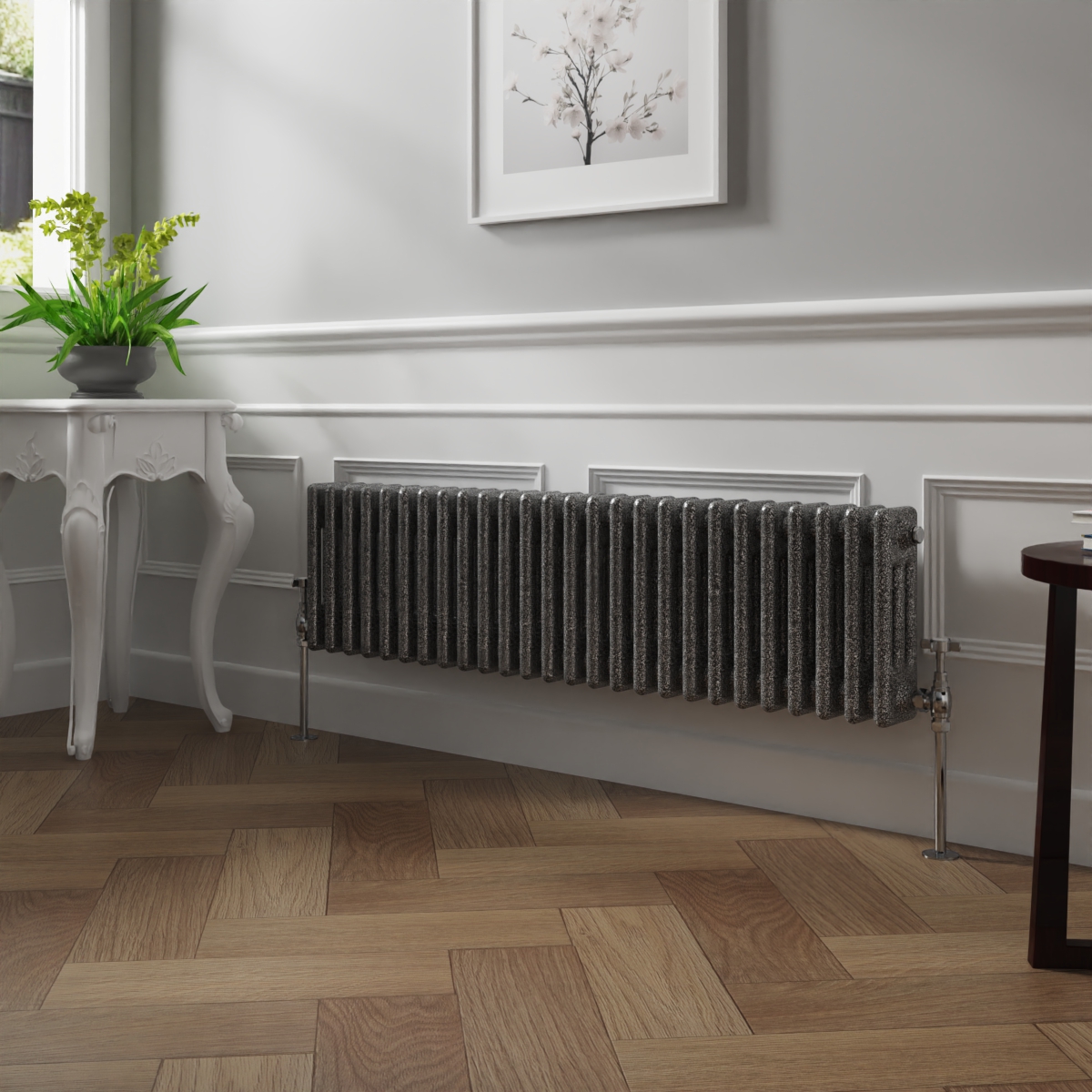 Bern 300 x 1190mm Black Silver Triple Column Horizontal Traditional Radiator