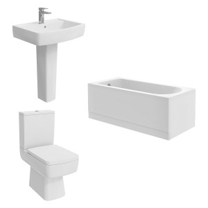 Boston Modern Bathroom Suite with Close Coupled Toilet and Essential Single Ended Bath - 1500 x 700mm - Front & End Bath Panel Included