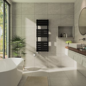 Juva 1200 x 450mm Satin Black Flat Panel Thermostatic Touch Control Electric Heated Towel Rail