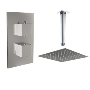Beauly Chrome Twin Square Handle Concealed Valve with 400mm Square Shower Head and Ceiling Arm (1 Outlet)