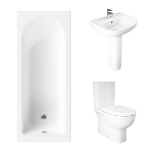 Essentials 1500 x 700mm Straight Bath Single Ended Bathroom Suite with RAK-Tonique Close Coupled Closed Back WC Pan and 550mm Full Pedestal Basin-With Front Bath Panel
