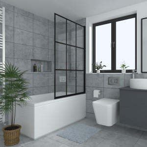 Borrowdale - 1400mm Square Edge Bath Screen - Black Grid