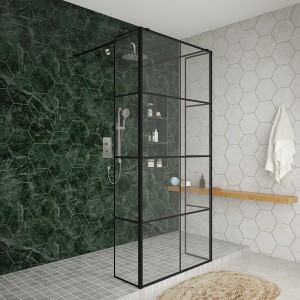 Wasdale 900mm Black Grid Walk Through Wet Room Screen with 300mm Hinged Return Screens