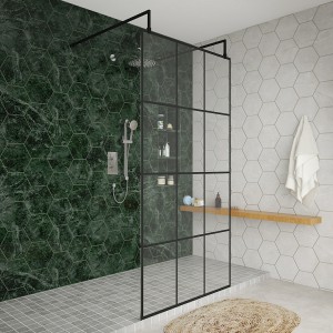 Wasdale 1000mm Black Grid Walk Through Wet Room Screen With L-Shape Support Arms