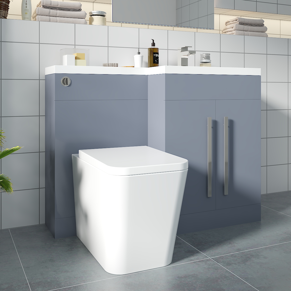 Calm Gloss Grey Right Hand Combination Vanity Unit Basin L Shape with Back to Wall Cordoba Square Toilet & Soft Close Seat & Concealed Cistern - 1100mm