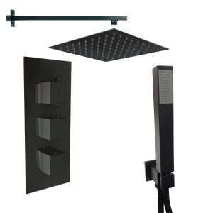 Beauly Matt Black Triple Square Handle Concealed Valve with 300mm Square Shower Head and Hand Shower (2 Outlet)