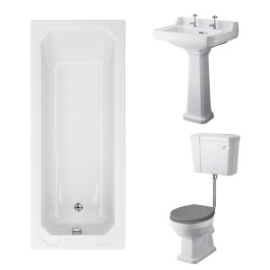 Wellington Low Level Toilet with Grey Seat & 600mm 2 Tap Hole Basin with 1700 x 700mm Traditional Straight Bath Single Ended