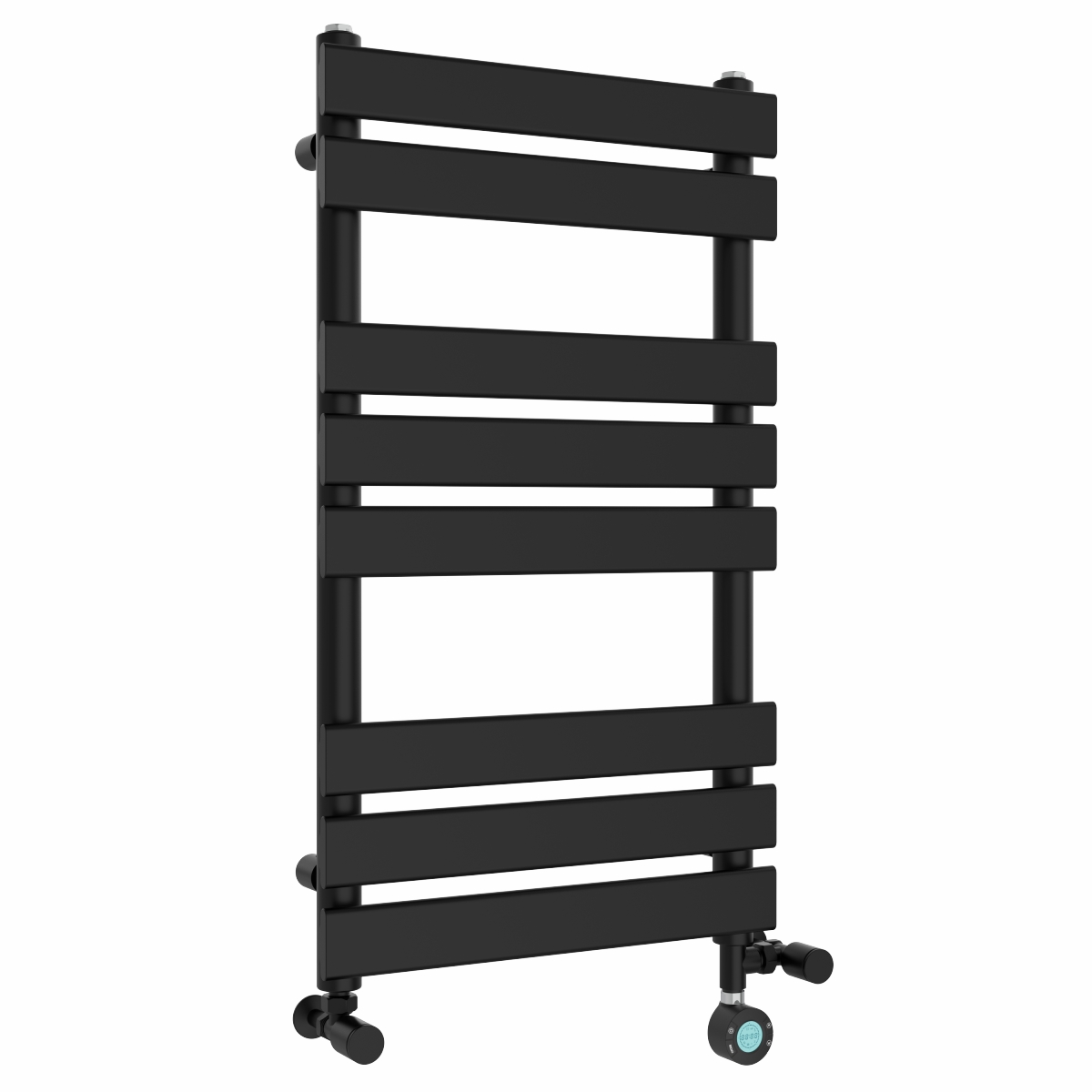 Juva 800 x 450mm Satin Dual Fuel Black Flat Panel Thermostatic Touch Control Electric Heated Towel Rail