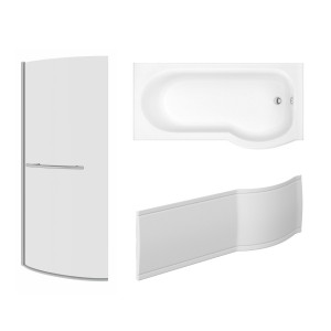 Pendle 1675mm P Shape Shower Bath Right Hand with Front Panel and Chrome Bath Screen with Towel Rail