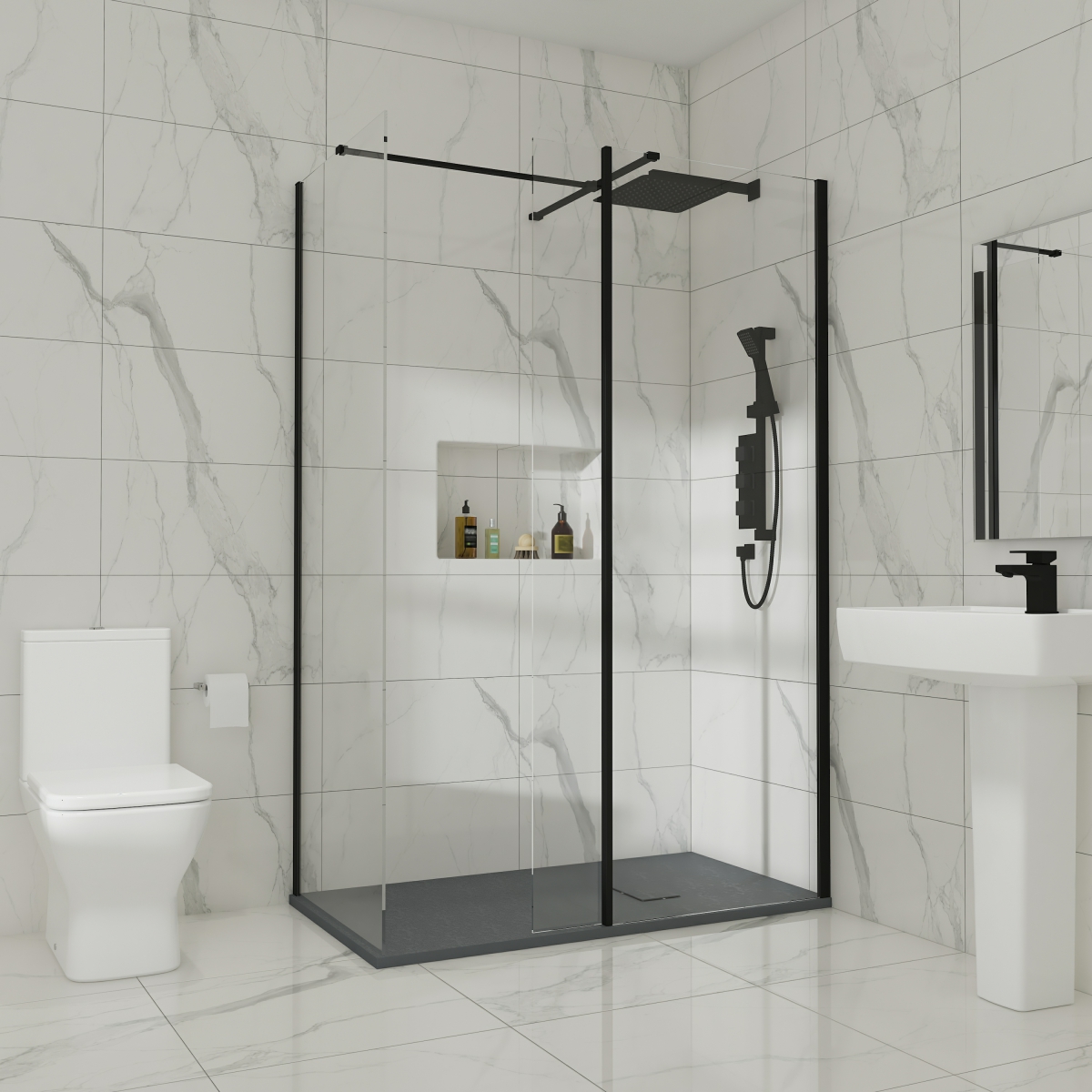 Wasdale 800mm Wet Room Screen, 760mm Wet Room Screen with 300mm Wet Room Return Screen - Black