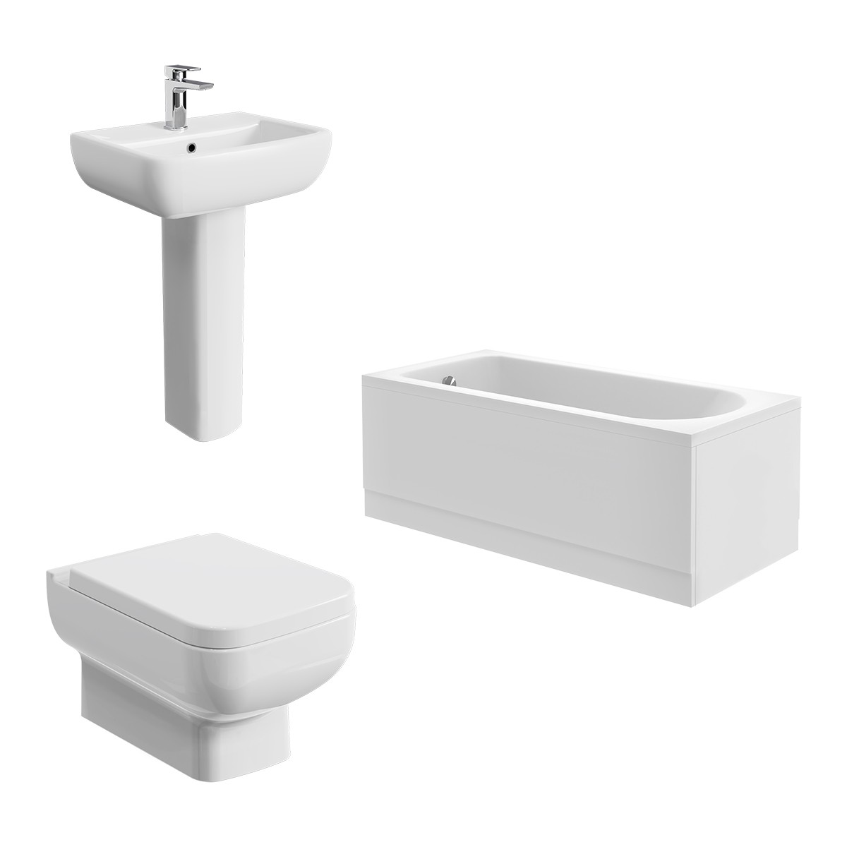Feel 600 Modern Bathroom Suite with Wall Hung Toilet and Essential Single Ended Bath - 1500 x 700mm - Front & End Bath Panel Included