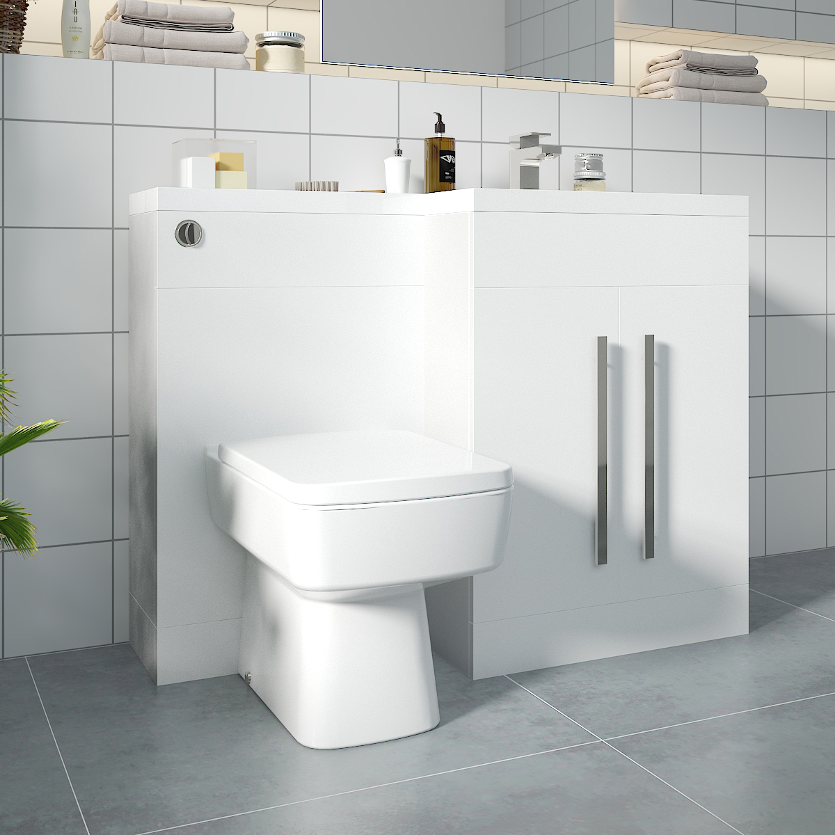 Calm White Right Hand Combination Vanity Unit Basin L Shape with Back to Wall Boston Toilet & Soft Close Seat & Concealed Cistern - 1100mm