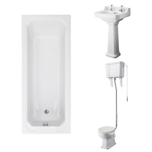 Wellington High Level Comfort Height Toilet with Sand Seat & 500mm 2 Tap Hole Basin with 1700 x 700mm Traditional Straight Bath Single Ended