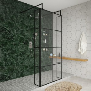 Wasdale 900mm Black Grid Walk Through Wet Room Screen with 215mm Hinged Return Screens & L- Shape Support Arms