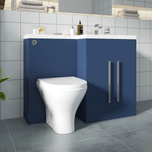 Calm Matt Blue Right Hand Combination Vanity Unit Basin L Shape with Back to Wall Fresh Curved Toilet & Soft Close Seat & Concealed Cistern - 1100mm