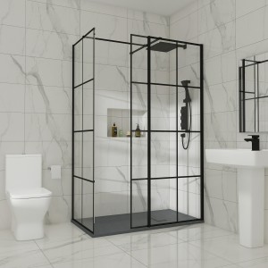 Wasdale 800mm Wet Room Screen, 760mm Wet Room Screen with 200mm Wet Room Return Screen - Black Grid