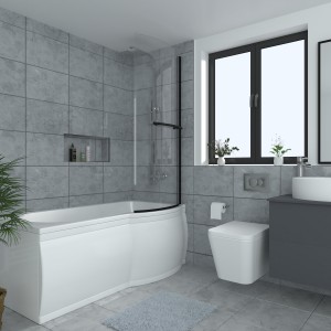 Borrowdale - 1400mm P Shape Bath Screen with Towel Rail - Black