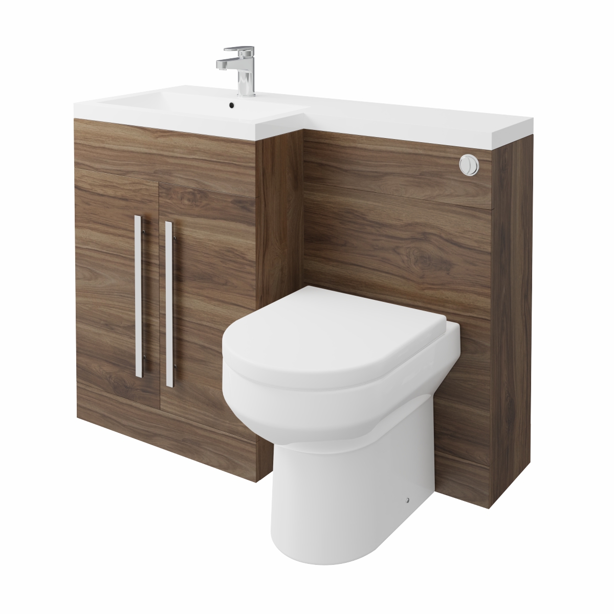 Calm Walnut Left Hand Combination Vanity Unit Basin L Shape with Back to Wall Calgary Toilet & Soft Close Seat & Concealed Cistern - 1100mm