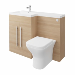 Calm Light Oak Left Hand Combination Vanity Unit Basin L Shape with Back to Wall Feel Curved Toilet & Soft Close Seat & Concealed Cistern - 1100mm