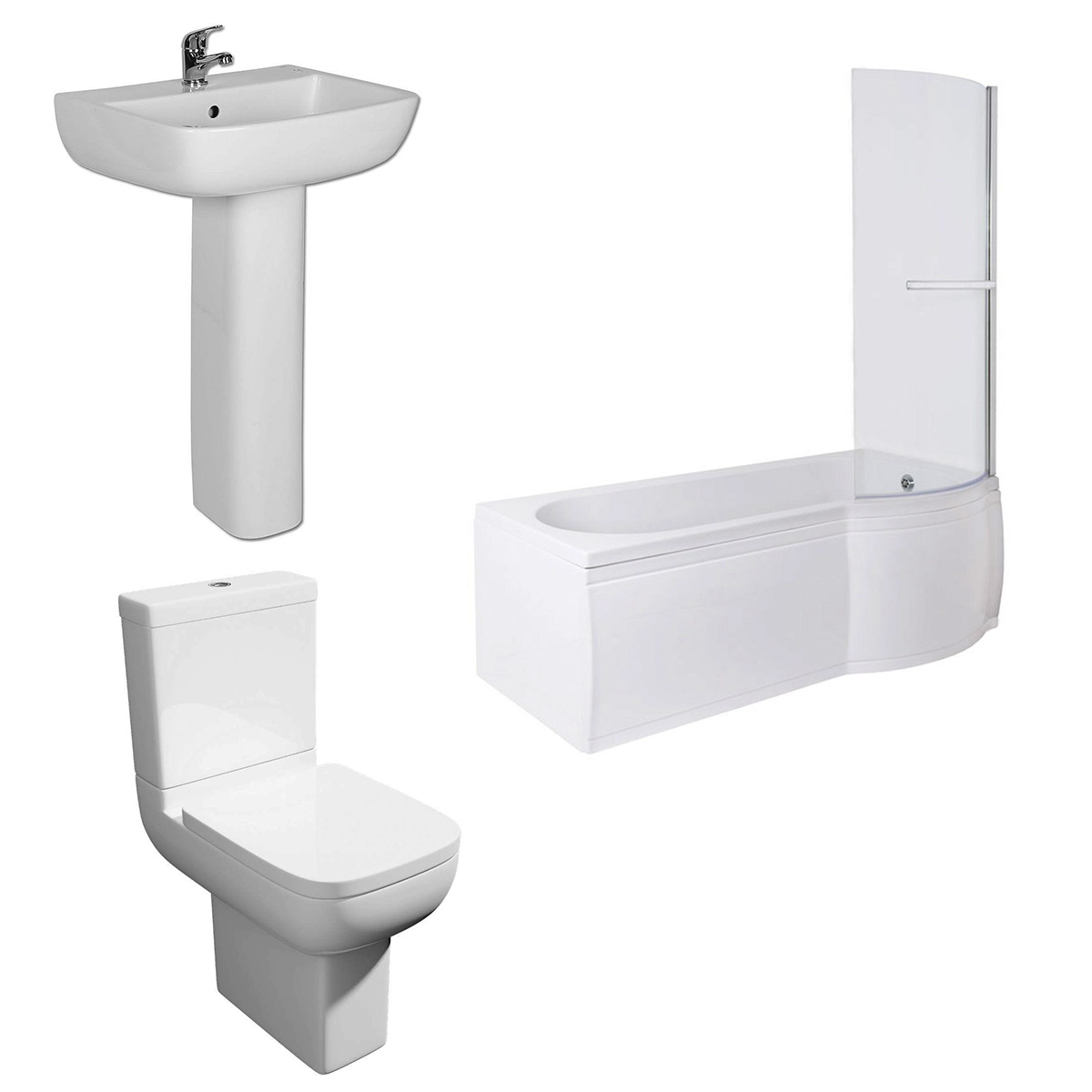 Feel 600 Modern Bathroom Suite with P-Shape Shower Bath - Choice of Sizes