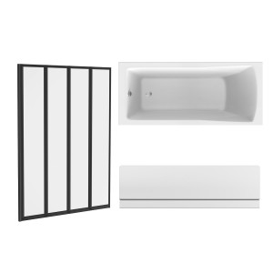 Sawley 1700 x 750mm Straight Bath Single Ended with Front Panel and Black Folding Bath Screen