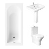 Essentials 1600 x 700mm Straight Bath Single Ended Bathroom Suite with RAK-Resort Mini Close Coupled Closed Back Rimless Toilet and 650mm Full Pedestal Basin-With Front Bath Panel