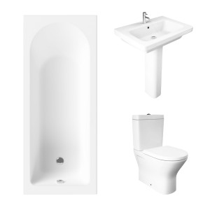 Essentials 1600 x 700mm Straight Bath Single Ended Bathroom Suite with RAK-Resort Mini Close Coupled Closed Back Rimless Toilet and 650mm Full Pedestal Basin-With Front Bath Panel