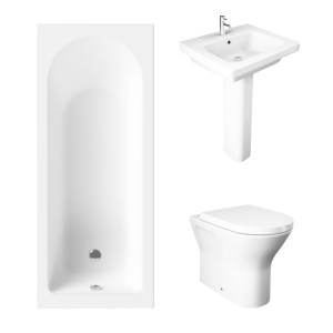Essentials 1700 x 700mm Straight Bath Single Ended Bathroom Suite with RAK-Resort Back to Wall Pan Toilet and 550mm Full Pedestal Basin-With Front Bath Panel