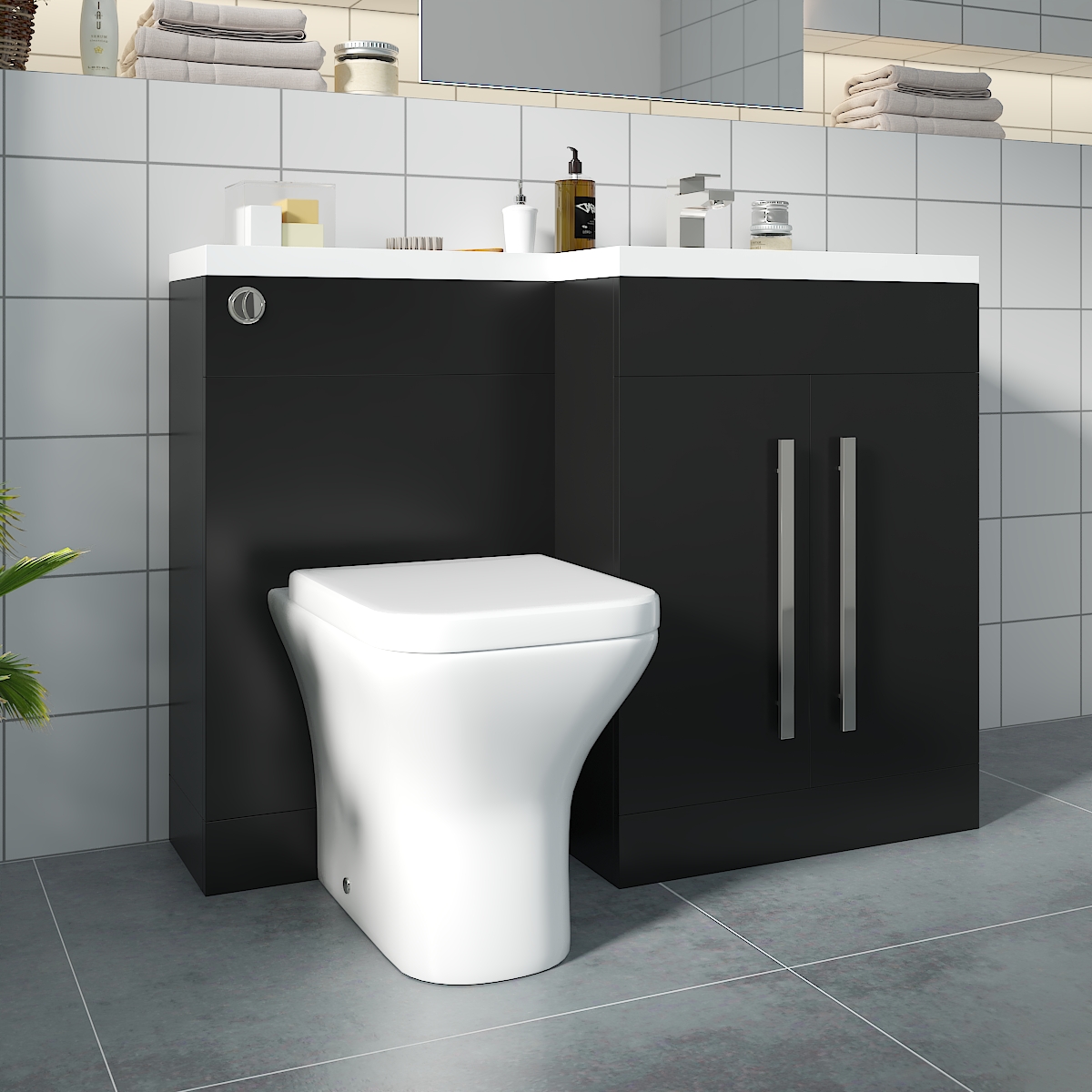 Calm Matt Black Right Hand Combination Vanity Unit Basin L Shape with Back to Wall Feel Curved Toilet & Soft Close Seat & Concealed Cistern - 1100mm