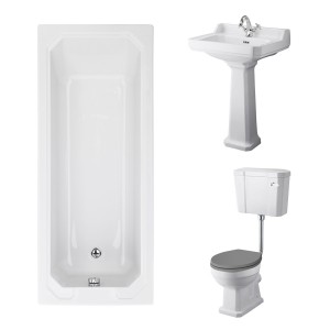 Wellington Low Level Comfort Height Toilet with Grey Seat & 600mm 1 Tap Hole Basin with 1700 x 700mm Traditional Straight Bath Single Ended