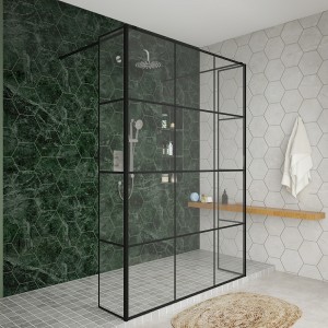 Wasdale 1400mm Black Grid Walk Through Wet Room Screen with 300mm Hinged Return Screens