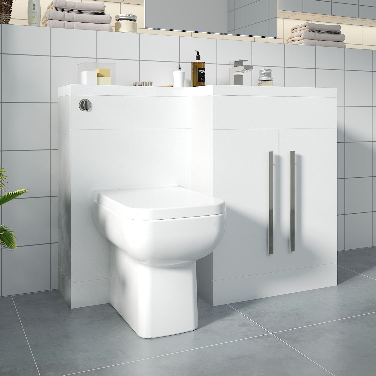 Calm White Right Hand Combination Vanity Unit Basin L Shape with Back to Wall Feel 600 Toilet & Soft Close Seat & Concealed Cistern - 1100mm