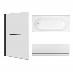 Rivington 1800 x 800mm Straight Bath Single Ended with Front Panel and Square Black Bath Screen with Towel Rail