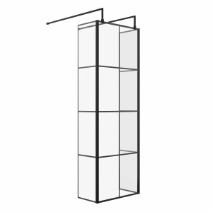 Wasdale 700mm Black Grid Walk Through Wet Room Screen with 300mm Hinged Return Screens & L- Shape Support Arms