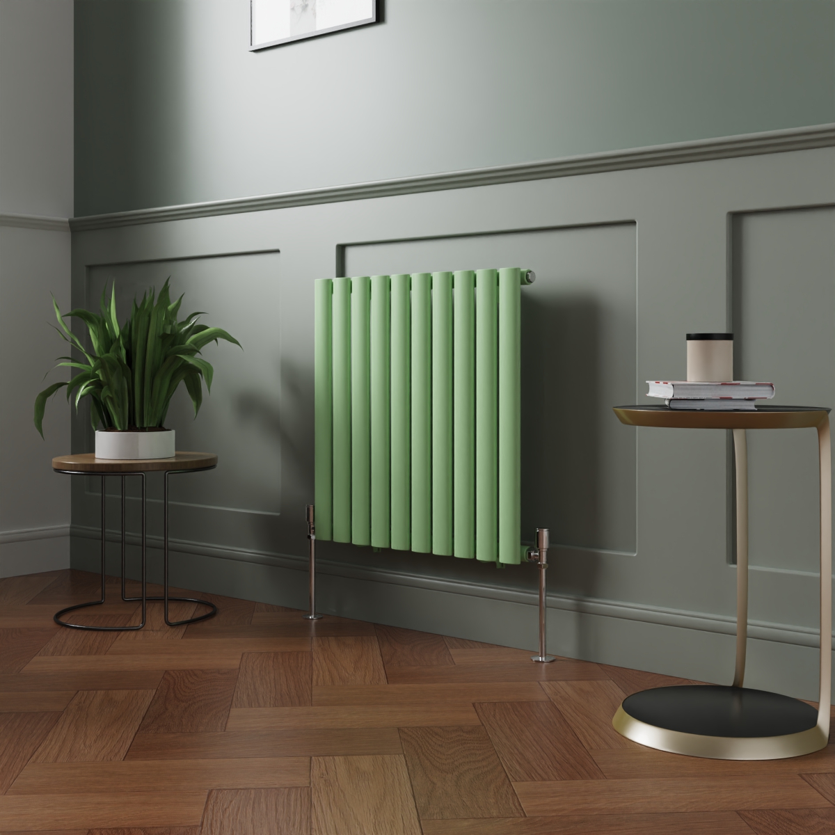 Norden 600 x 591mm Pastel Green Single Oval Column Horizontal Designer Radiator