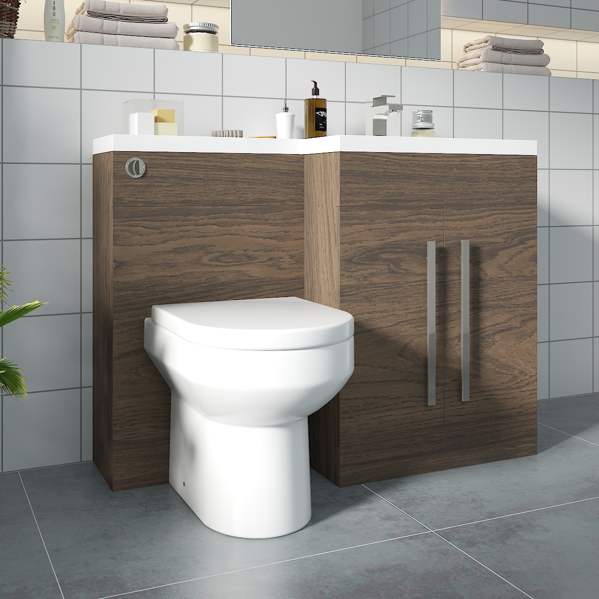 Calm Walnut Right Hand Combination Vanity Unit Basin L Shape with Back to Wall Calgary Toilet & Soft Close Seat & Concealed Cistern - 1100mm