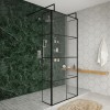 Wasdale 900mm Black Grid Walk Through Wet Room Screen with 300mm Hinged Return Screens & L- Shape Support Arms