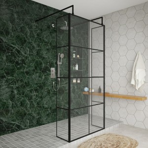 Wasdale 900mm Black Grid Walk Through Wet Room Screen with 300mm Hinged Return Screens & L- Shape Support Arms