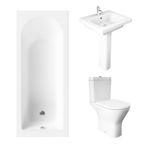 Essentials 1600 x 700mm Straight Bath Single Ended Bathroom Suite with RAK-Resort Maxi Close Coupled Open Back Rimless Toilet and 550mm Full Pedestal Basin