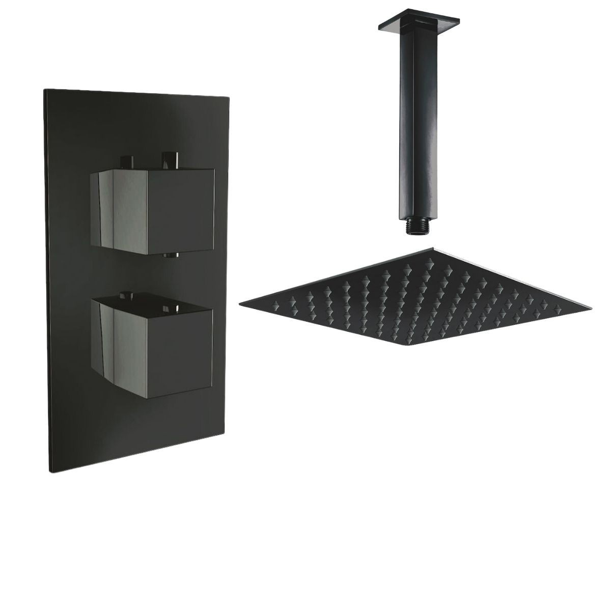 Beauly Matt Black Twin Square Handle Concealed Valve with 300mm Square Shower Head and Ceiling Arm (1 Outlet)