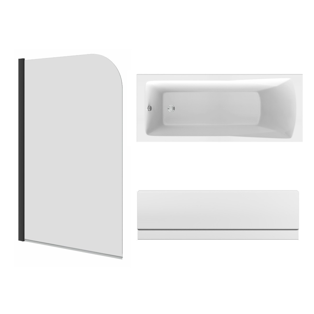 Sawley 1700 x 700mm Straight Bath Single Ended with Front Panel and Round Black Bath Screen