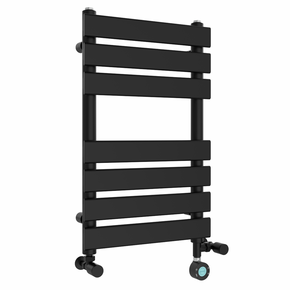 Juva 650 x 400mm Satin Dual Fuel Black Flat Panel Thermostatic Touch Control Electric Heated Towel Rail