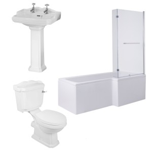 Abbey Traditional Bathroom Suite with L-Shape Shower Bath - Choice of Sizes