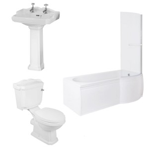 Abbey Traditional Bathroom Suite with P-Shape Shower Bath - Right Hand - 1675mm