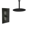 Thurso Matt Black Twin Square Handle Concealed Valve with 200mm Round Shower Head and Ceiling Arm (1 Outlet)