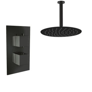 Thurso Matt Black Twin Square Handle Concealed Valve with 200mm Round Shower Head and Ceiling Arm (1 Outlet)