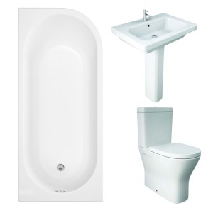 RAK Resort Maxi Closed Back Toilet with 650mm Basin Modern Bathroom Suite with J-Shape Bath - Left Handed - 1700mm