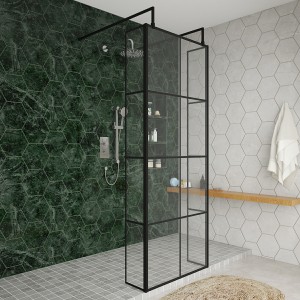 Wasdale 760mm Black Grid Walk Through Wet Room Screen with 215mm Hinged Return Screens & L- Shape Support Arms
