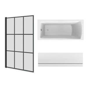 Sawley 1700 x 750mm Straight Bath Single Ended with Front Panel and Square Black Grid Bath Screen