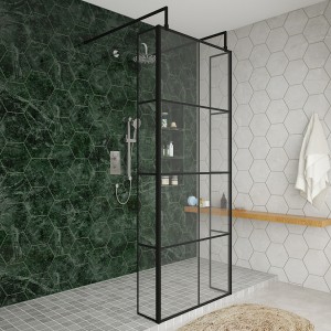 Wasdale 800mm Black Grid Walk Through Wet Room Screen with 215mm Hinged Return Screens & L- Shape Support Arms